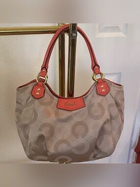 Coach Bag Ashley Tote Dotted Op Art Khaki & Tea Rose Leather Satchel  Hobo